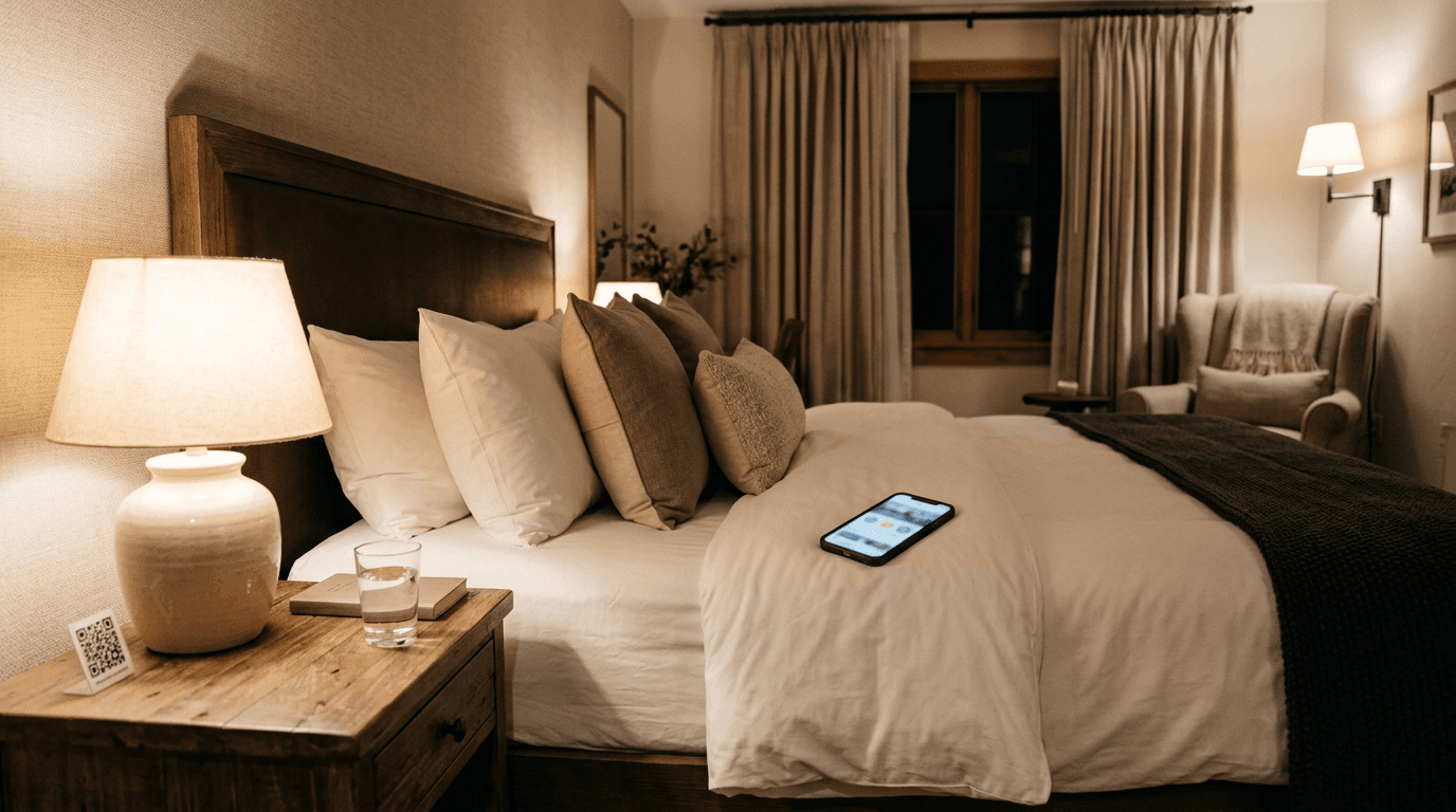 Guest using a phone in a hotel room to request services or room service.