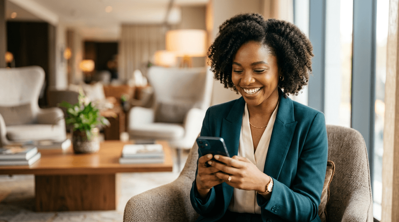 Smiling candidate applying for a hotel job on a smartphone.