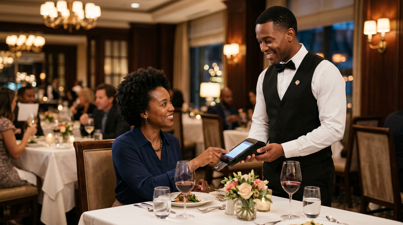 African American waiter in formal dining attire holding a handheld POS terminal, smiling while assisting a guest at a hotel restaurant table.