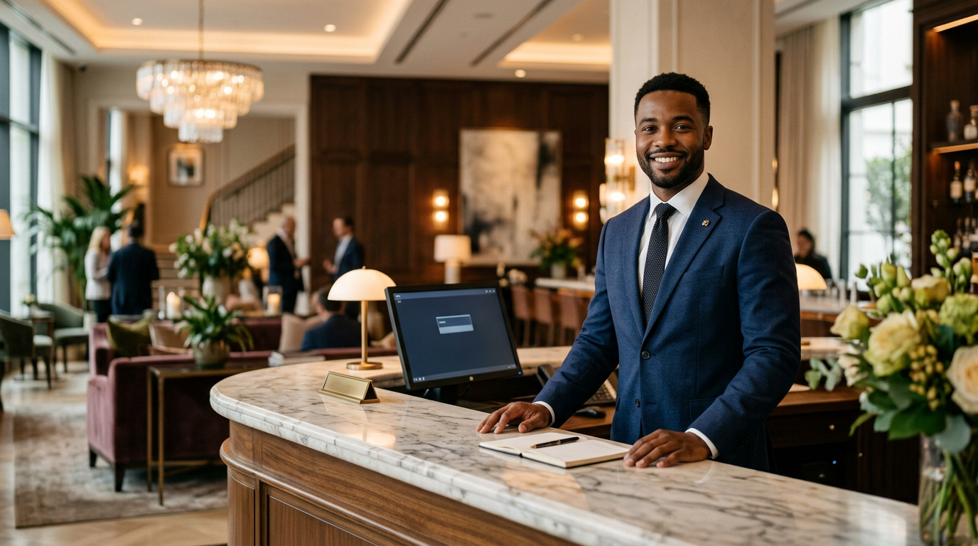 African American hotel receptionist in professional uniform standing behind a marble reception desk with monitor — welcome and front office leadership.