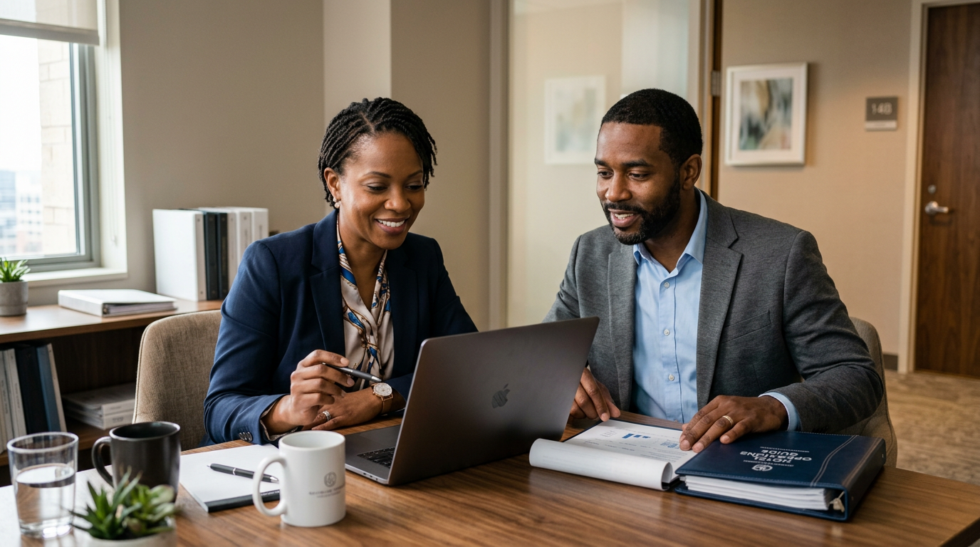 African American hotel managers collaborating over a laptop in a meeting room — learning roadmap, follow-up, and operations alignment.